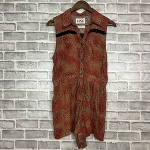 One Teaspoon Reptile Snakeskin Print Short Sleeve Collared Sheer Romper Sz M